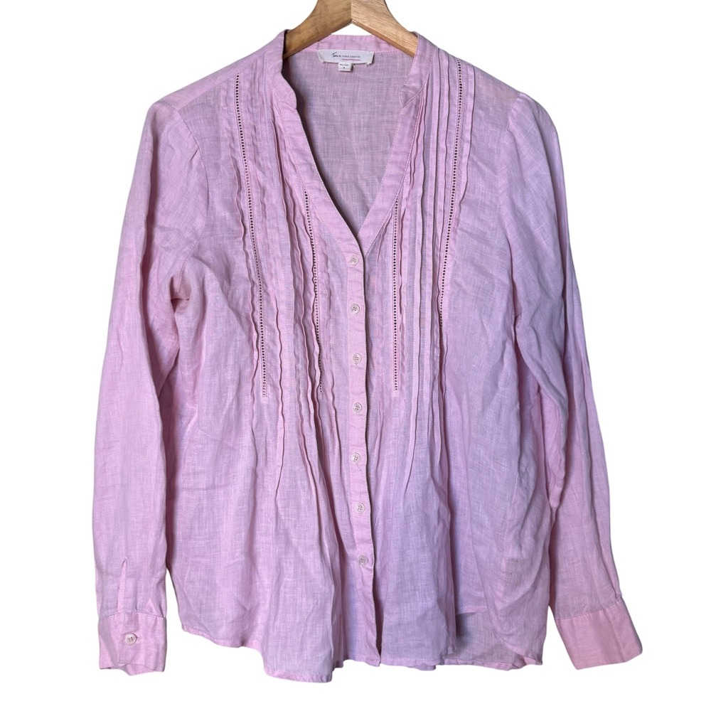 Two by Vince Camuto Pinkβ 100% Linen Pintuck Lace V-Neck Blouse Womens Small